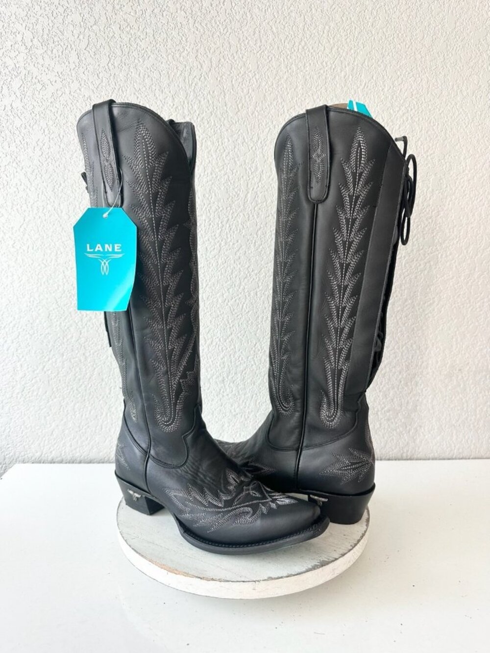 Lane LEXINGTON Knee High Black Cowboy Boots Lace Up Western Tall Womens 8.5